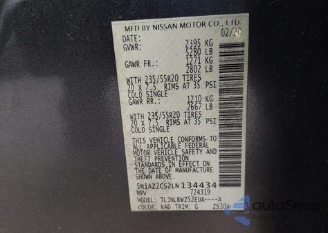 2020 Nissan Murano Sl Intelligent Awd from USA, damaged, VIN 5N1AZ2CS2LN134434